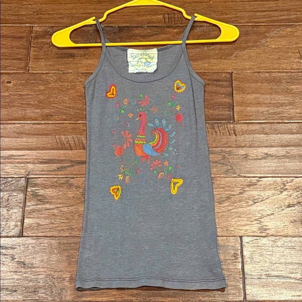 Small Scrapbook Gray Spaghetti Strap Cami Tank Top with Rainbow Bird
